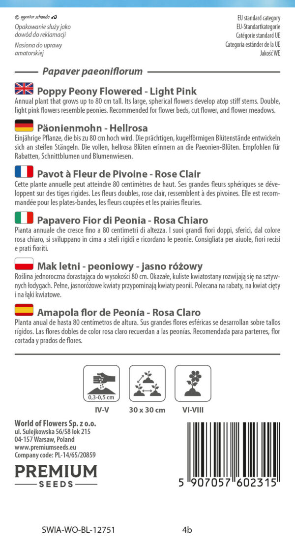 Mak letni peoniowy jasnoróżowy 0,5g